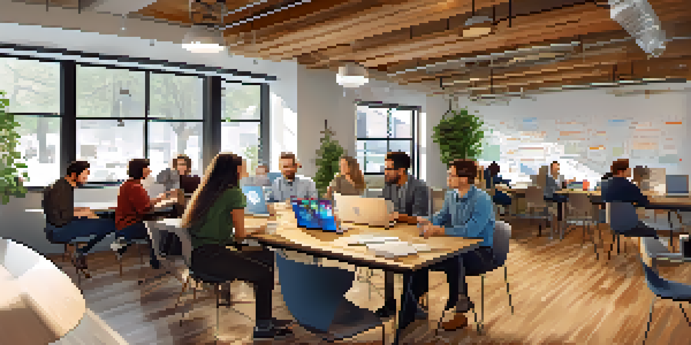 A lively coworking space with diverse tech professionals discussing and working together, illuminated by natural light.