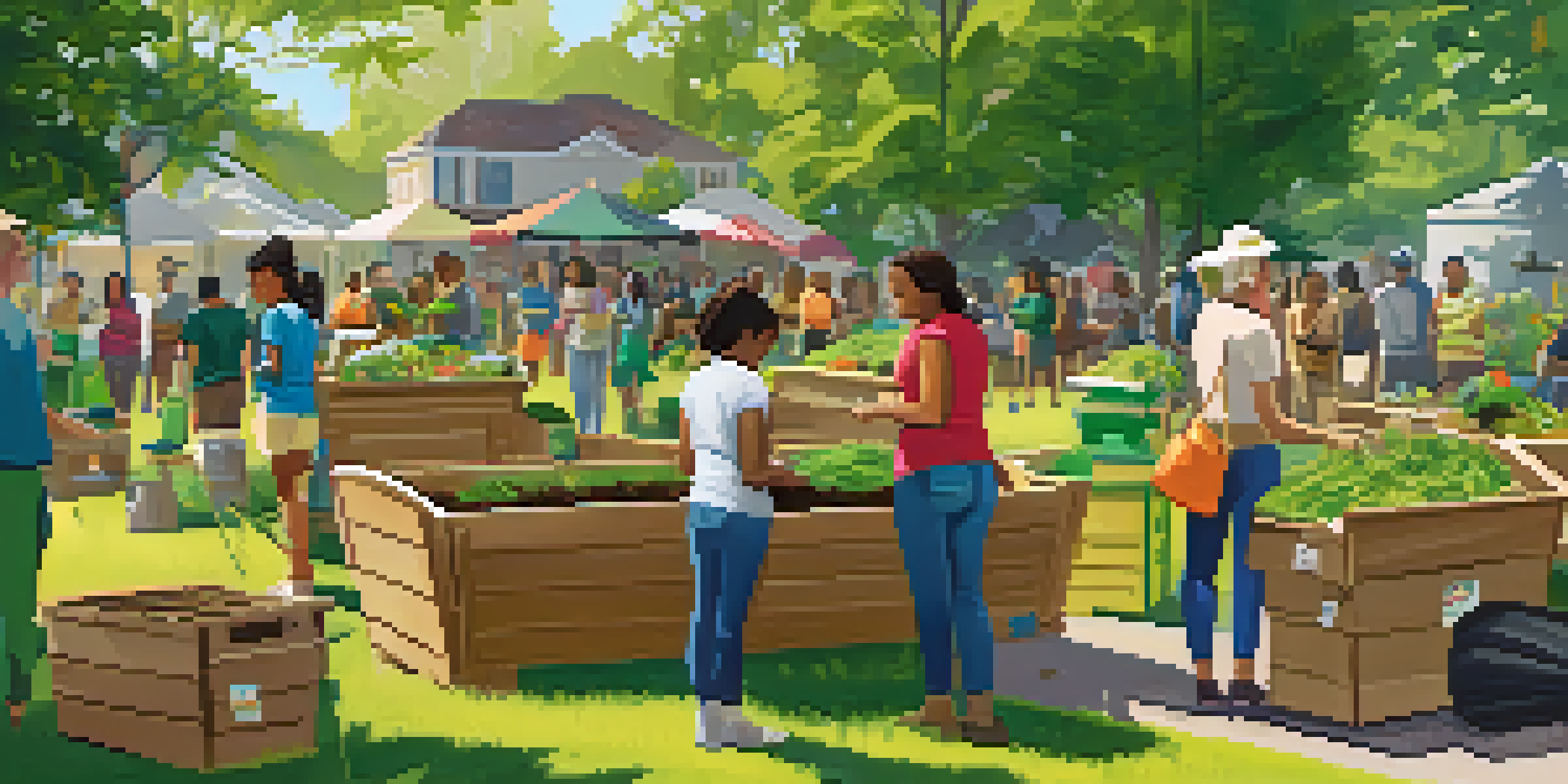 A diverse group of residents participating in a composting workshop in a sunny park, with colorful banners and educational materials around them.