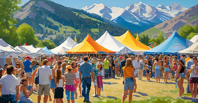 An outdoor arts festival in Boulder with artists at work, colorful tents, and a lively crowd against a backdrop of mountains.