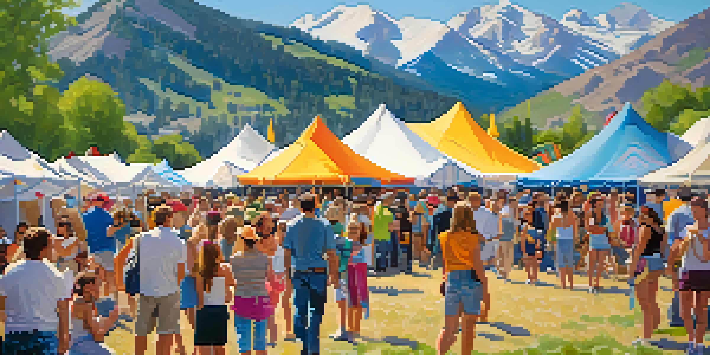 An outdoor arts festival in Boulder with artists at work, colorful tents, and a lively crowd against a backdrop of mountains.