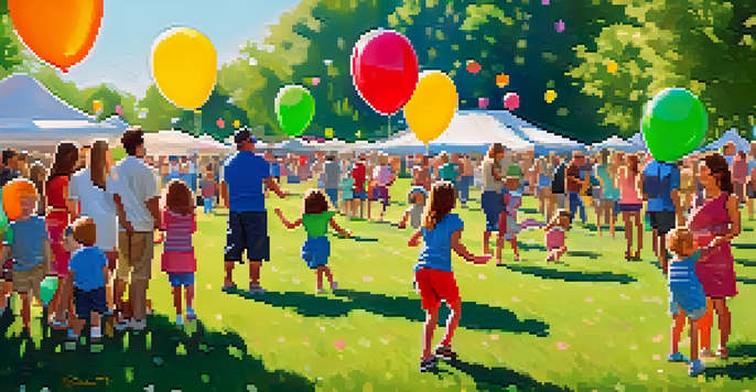Families participating in interactive games at a sunny park during Boulder's Family Fun Day, with colorful balloons and picnic setups in the background.