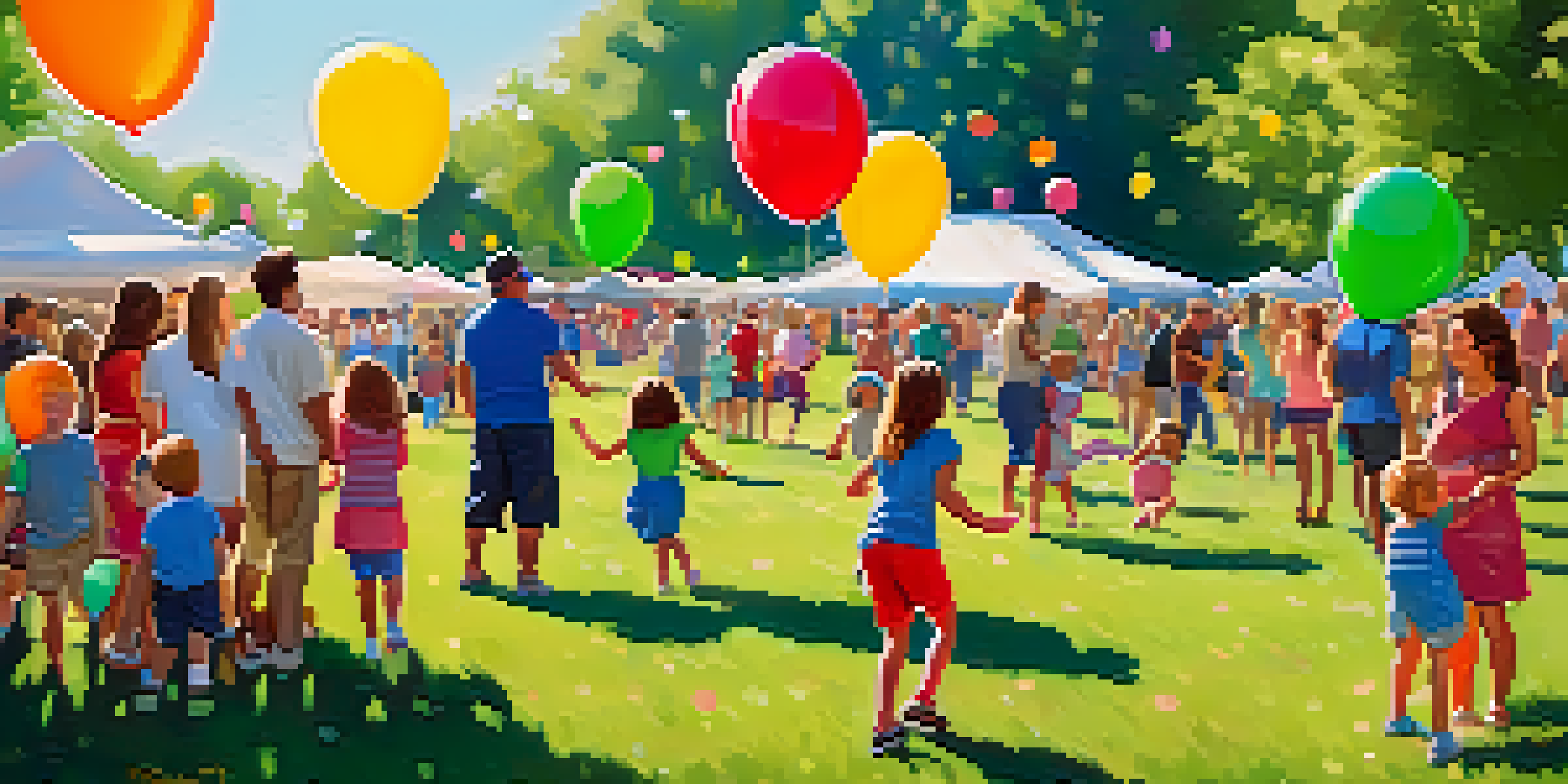 Families participating in interactive games at a sunny park during Boulder's Family Fun Day, with colorful balloons and picnic setups in the background.