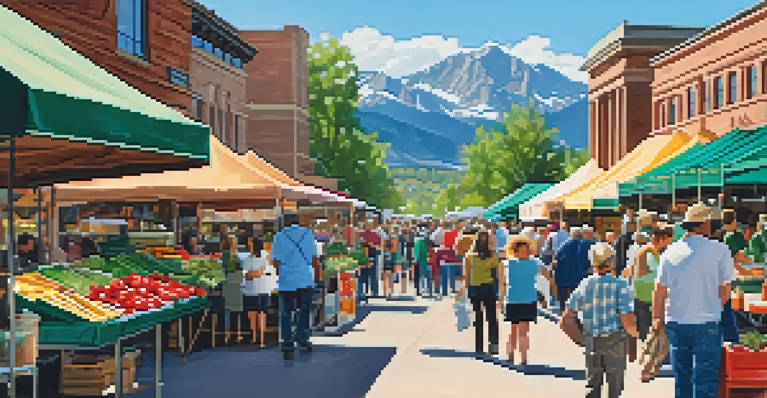 A vibrant farmer's market in Boulder with fresh produce stalls, local crafts, and shoppers interacting with farmers, set against the backdrop of the Rocky Mountains.