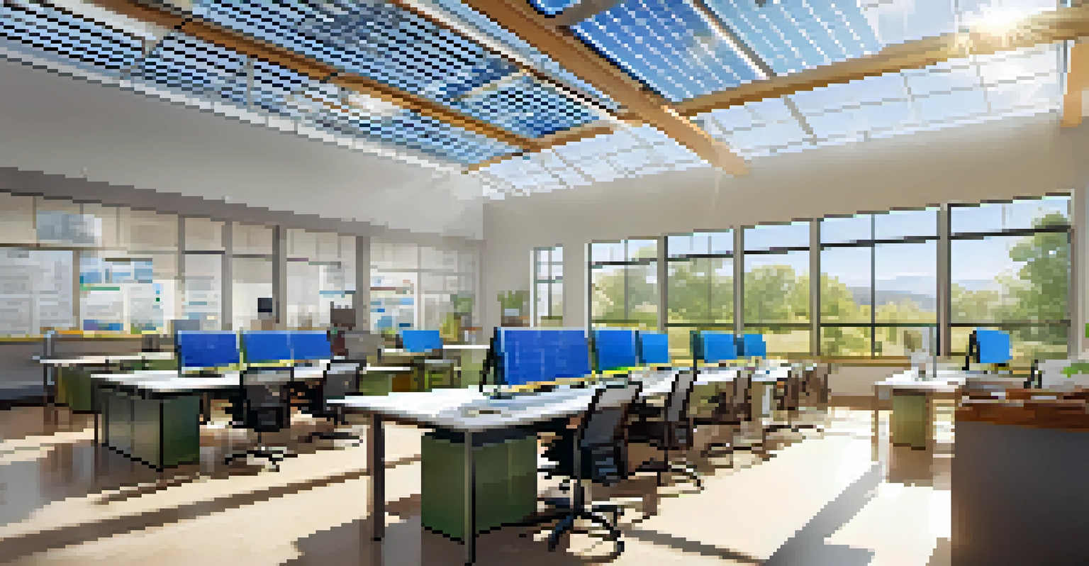 An innovation lab dedicated to clean energy, with engineers working on solar panels and smart grid technology in a bright environment.