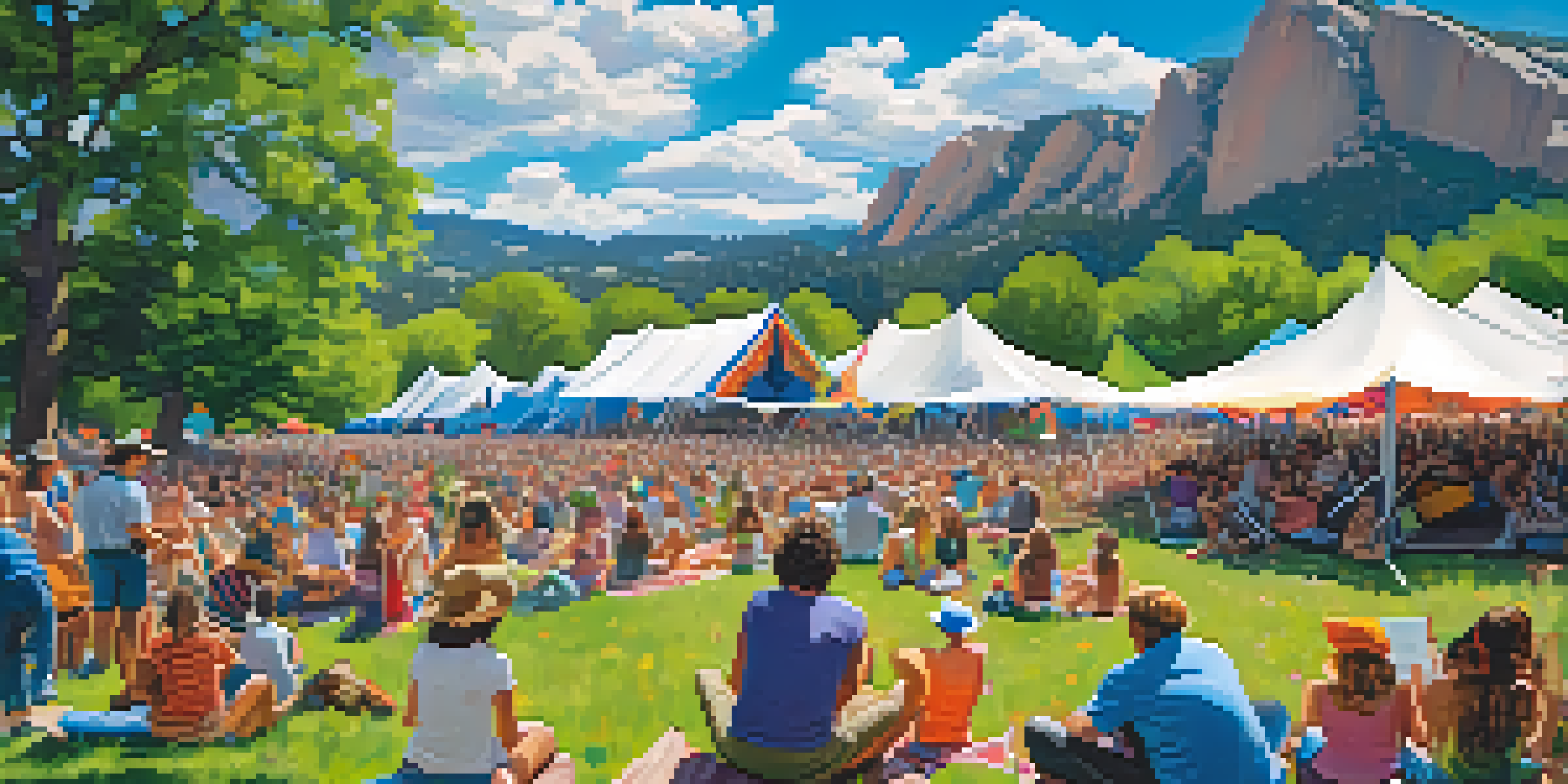 A lively outdoor music festival in Boulder, Colorado, with people enjoying performances near the Flatirons, colorful tents, and a clear blue sky.