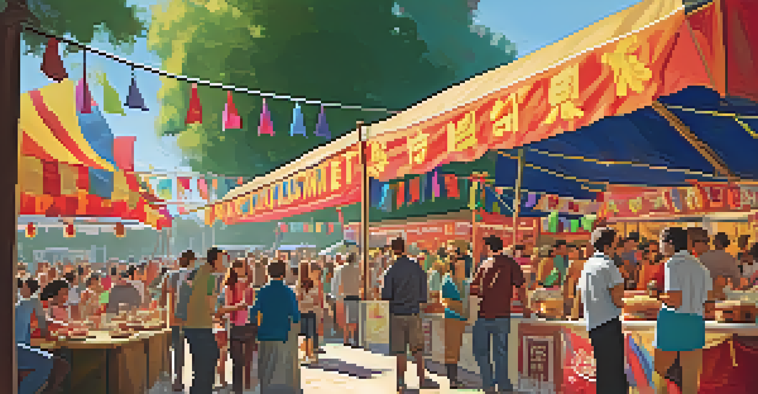 Festival-goers at a local film festival exploring food stalls with colorful banners, enjoying gourmet food and chatting while a film plays in the background.