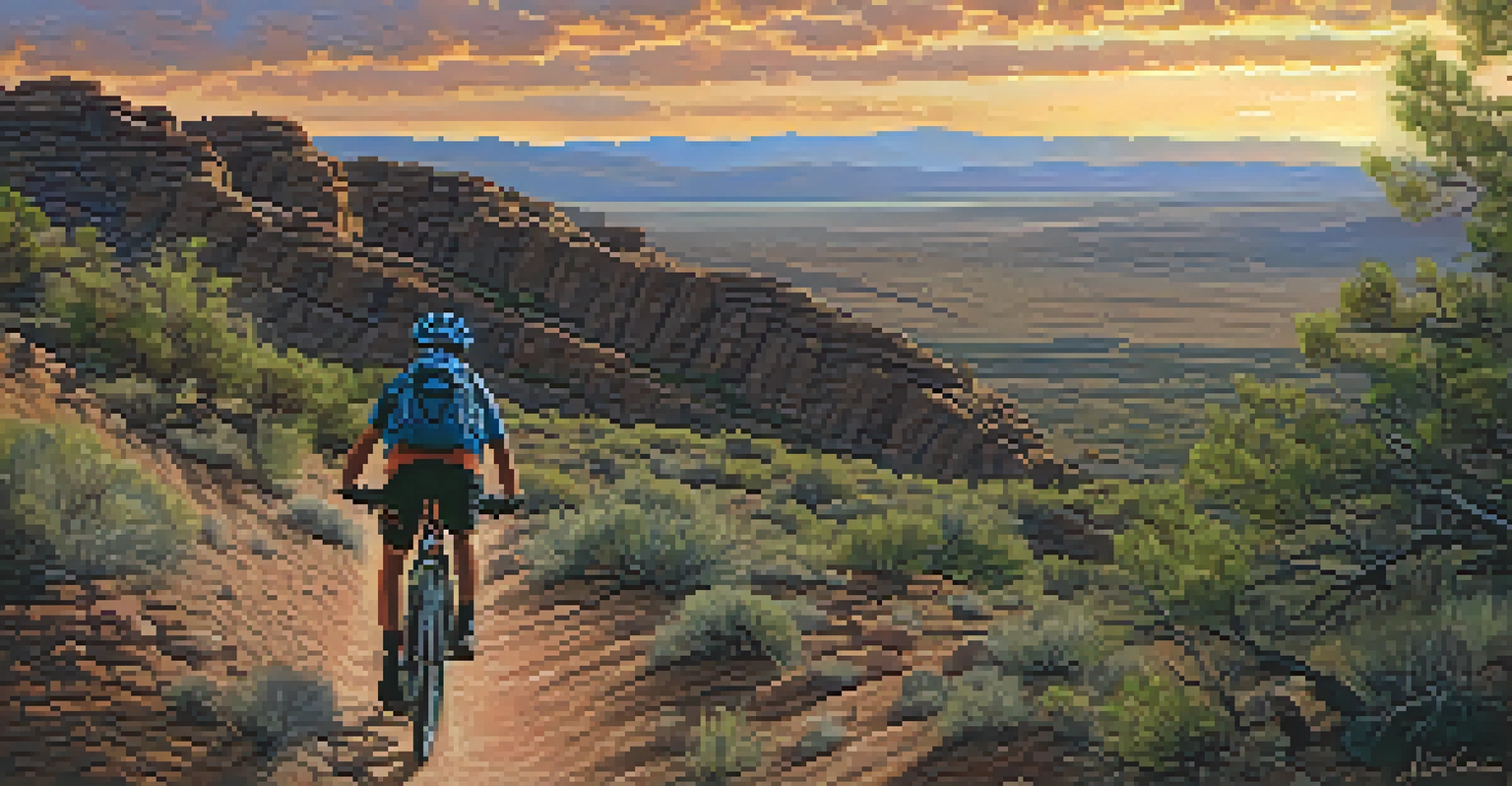 A mountain biker on a rocky trail in Boulder, Colorado, with stunning views of the plains and mountains during sunset.
