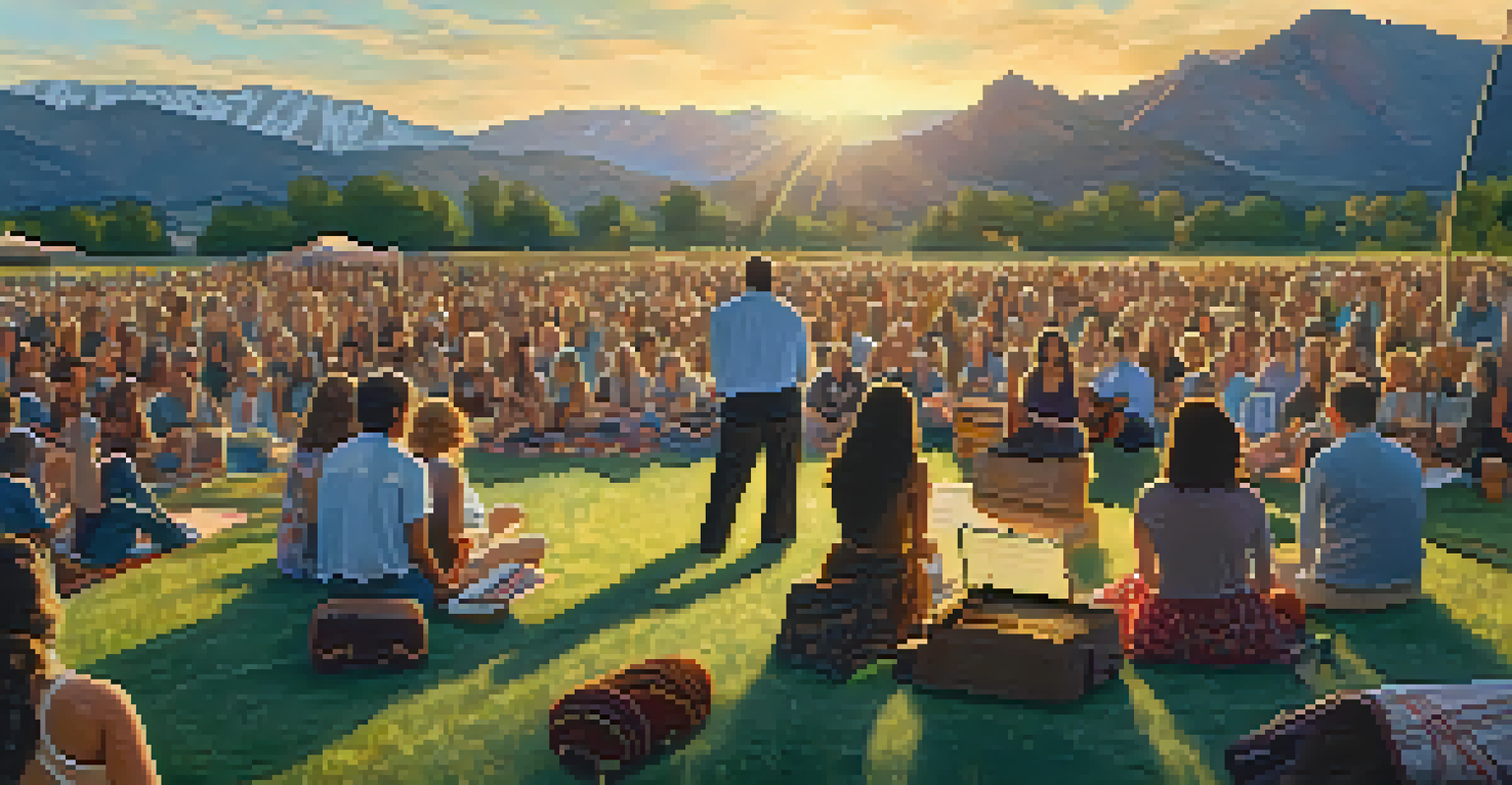 A folk artist performing on stage with the Rocky Mountains in the background, and an audience enjoying the music on picnic blankets.