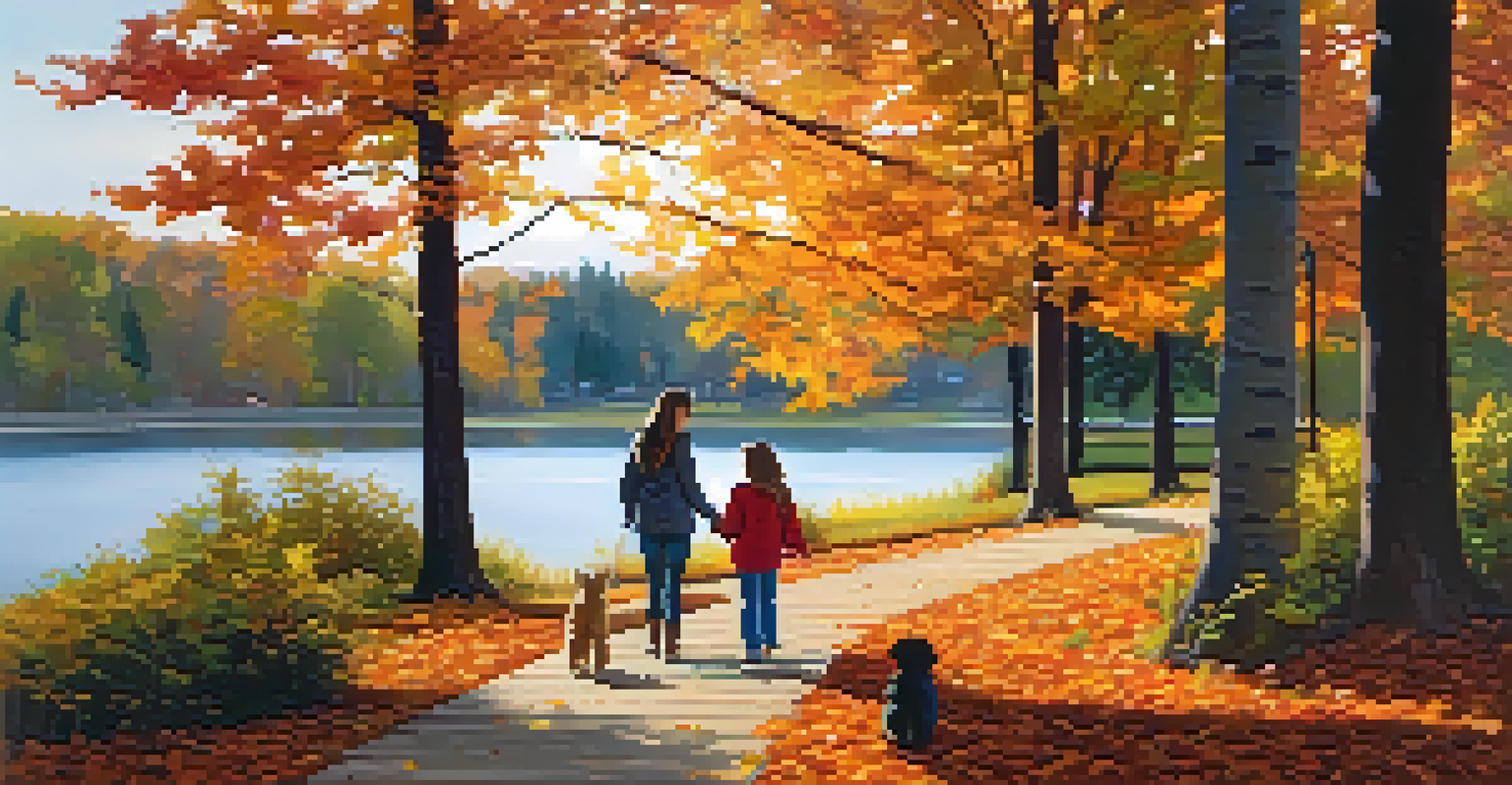 A family enjoying a walk by a lake surrounded by autumn foliage, with a child collecting leaves.