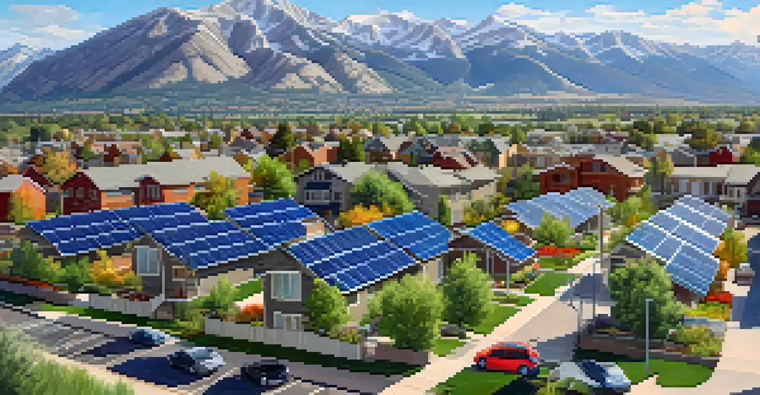 An aerial view of a Boulder neighborhood with solar panels on rooftops, electric vehicles, and a community garden, set against the Rocky Mountains.