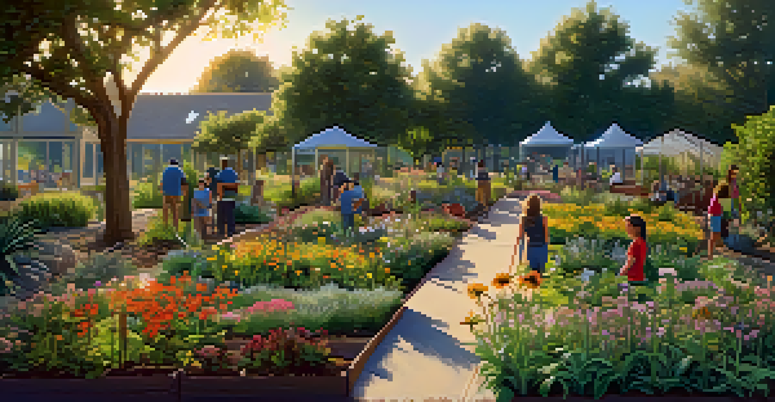 A community garden in a natural corridor, with people planting native plants, highlighting community effort in wildlife habitat preservation.