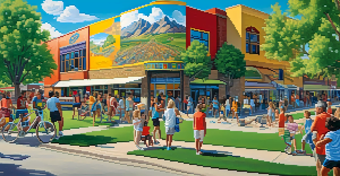 A colorful mural in Boulder, Colorado, representing its cultural history, with people enjoying the park in front of it.