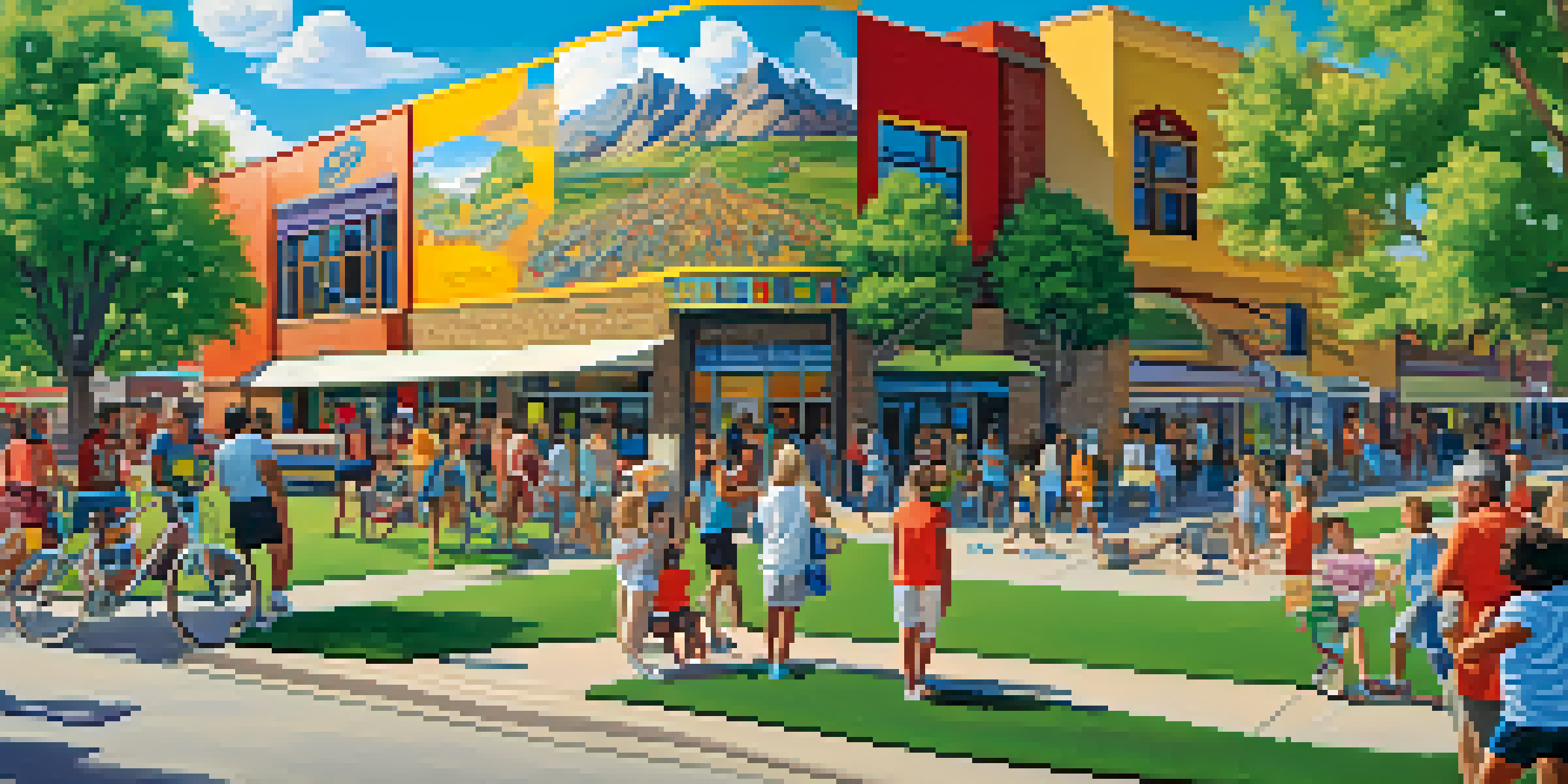 A colorful mural in Boulder, Colorado, representing its cultural history, with people enjoying the park in front of it.