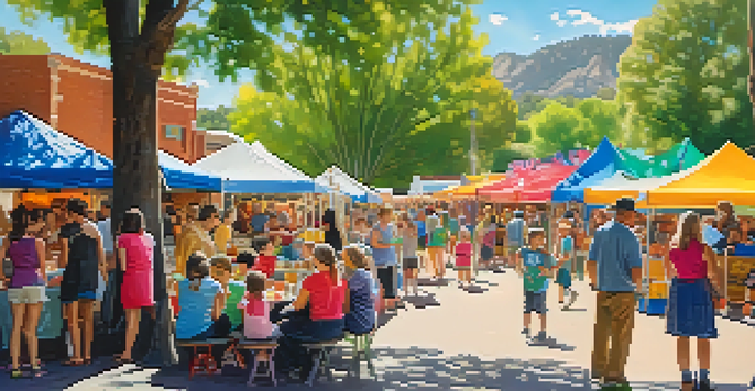 A lively community fair in Boulder with families, colorful booths, and children playing games under the sun.