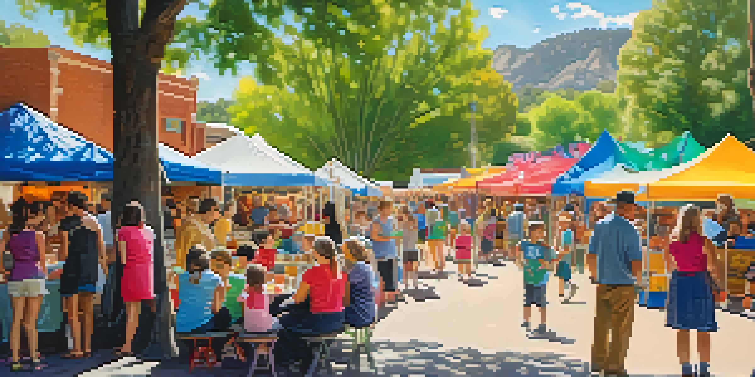 A lively community fair in Boulder with families, colorful booths, and children playing games under the sun.