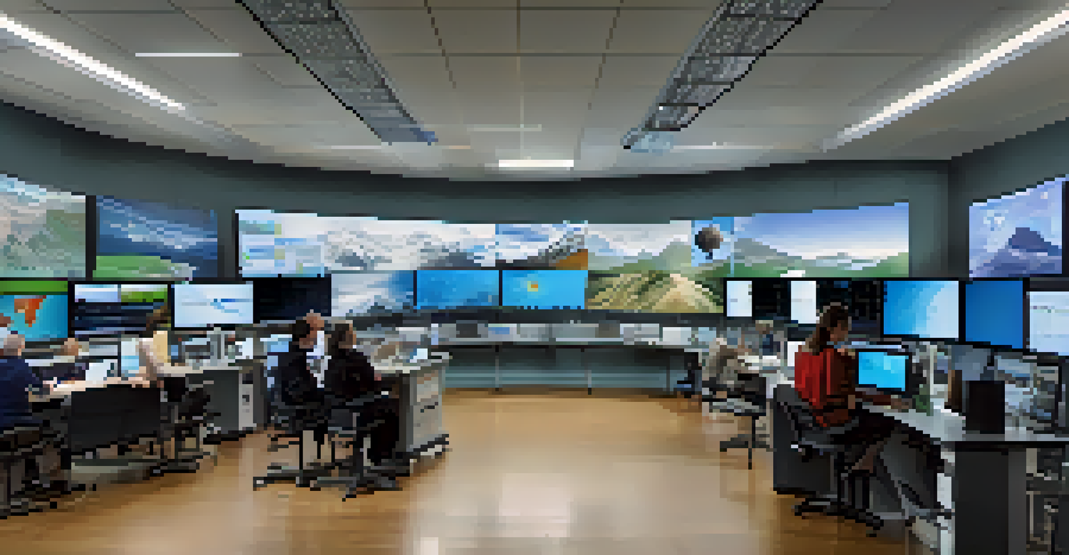 Scientists in a climate research lab in Boulder discussing data with high-tech equipment and natural light.