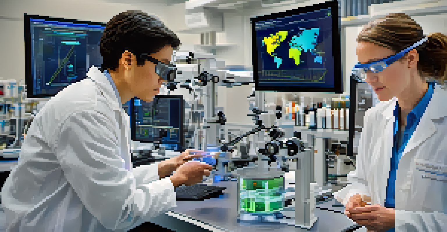 A student and professor collaborating in a high-tech laboratory at CU Boulder, analyzing samples with advanced equipment and digital displays.