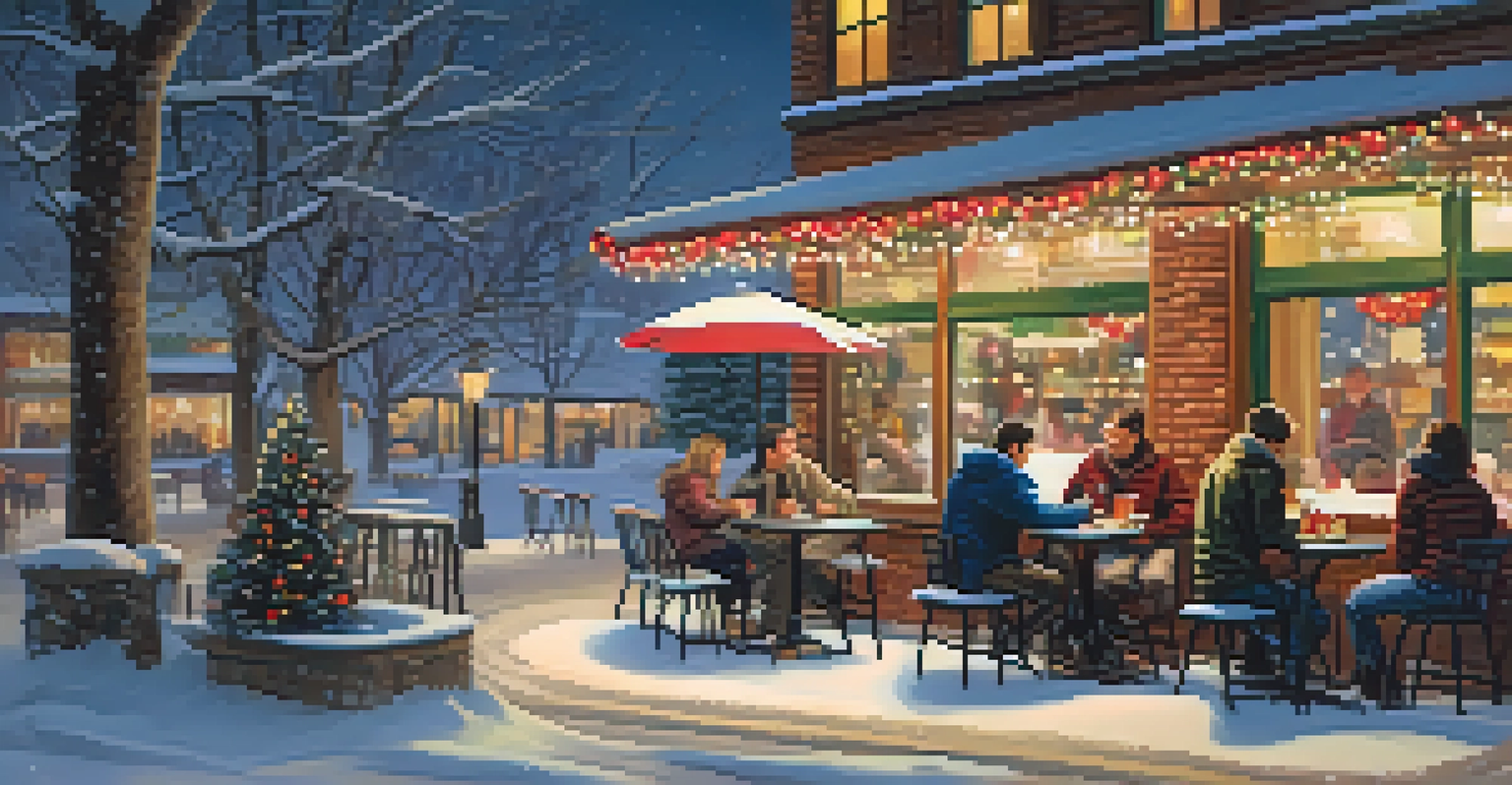 A charming winter café scene in Boulder, with snow falling and people enjoying warm drinks outside under festive lights.