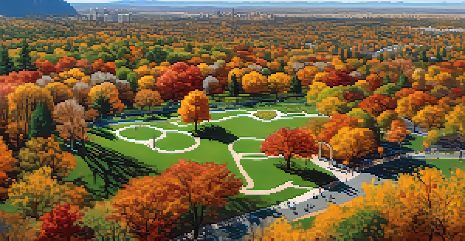 Aerial view of Central Park in Boulder, showing its green spaces, walking trails, and playgrounds amidst a backdrop of mountains and city buildings.