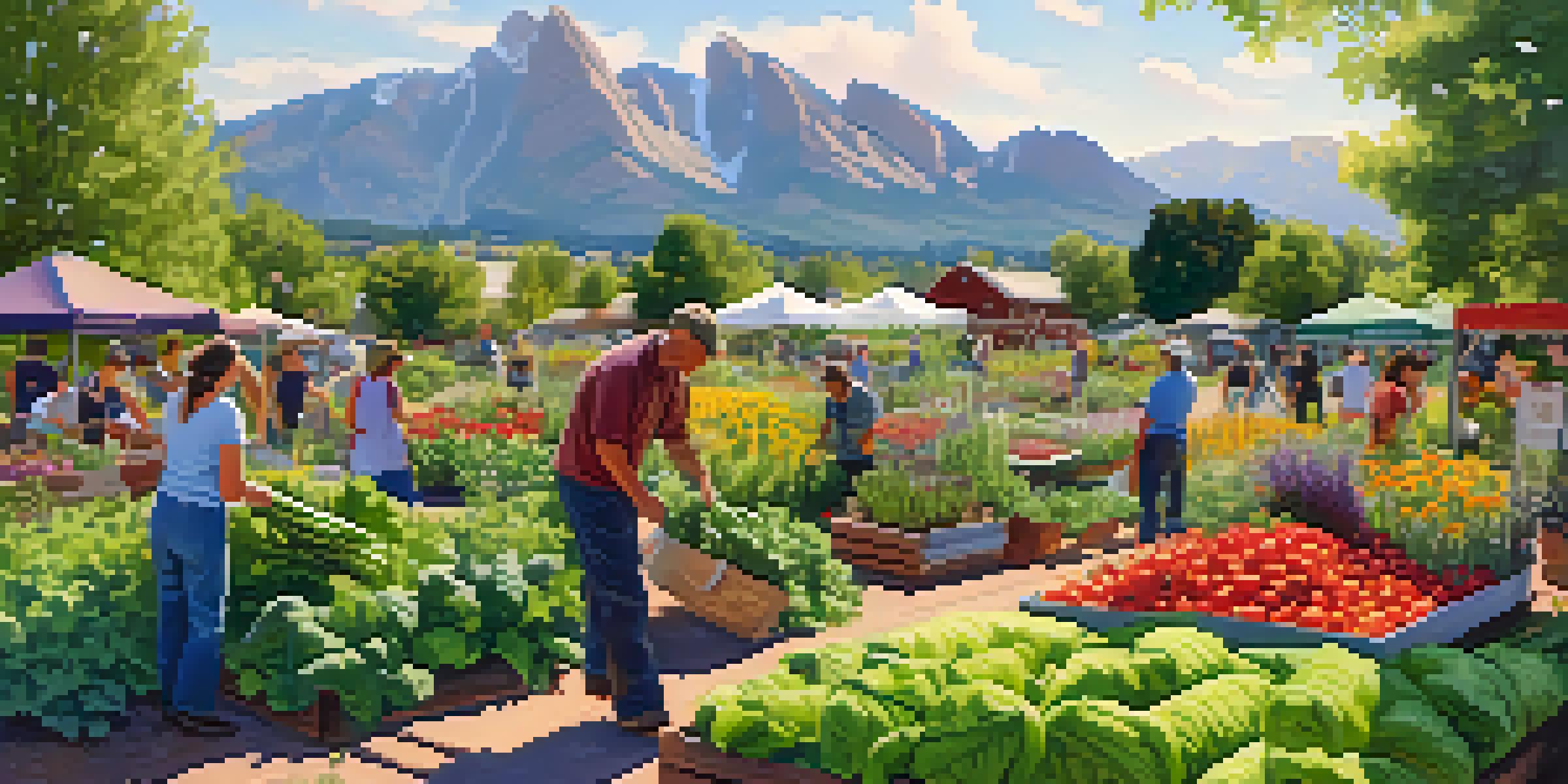A bustling community garden filled with colorful plants and diverse gardeners working together under a sunny sky.