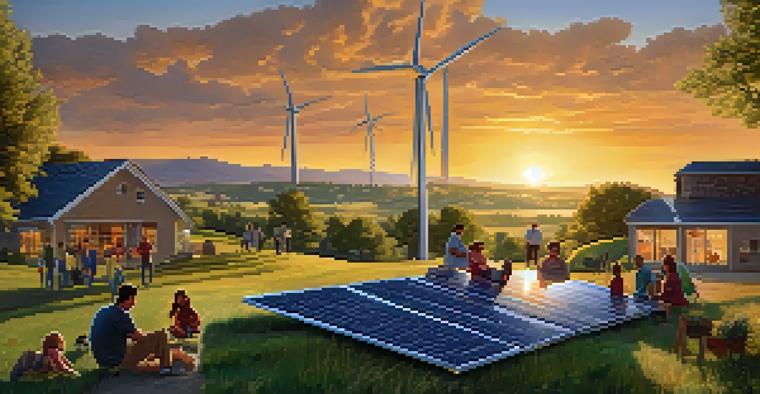 An illustration depicting Boulder’s renewable energy efforts with solar panels and wind turbines at sunset, with families enjoying outdoor activities.