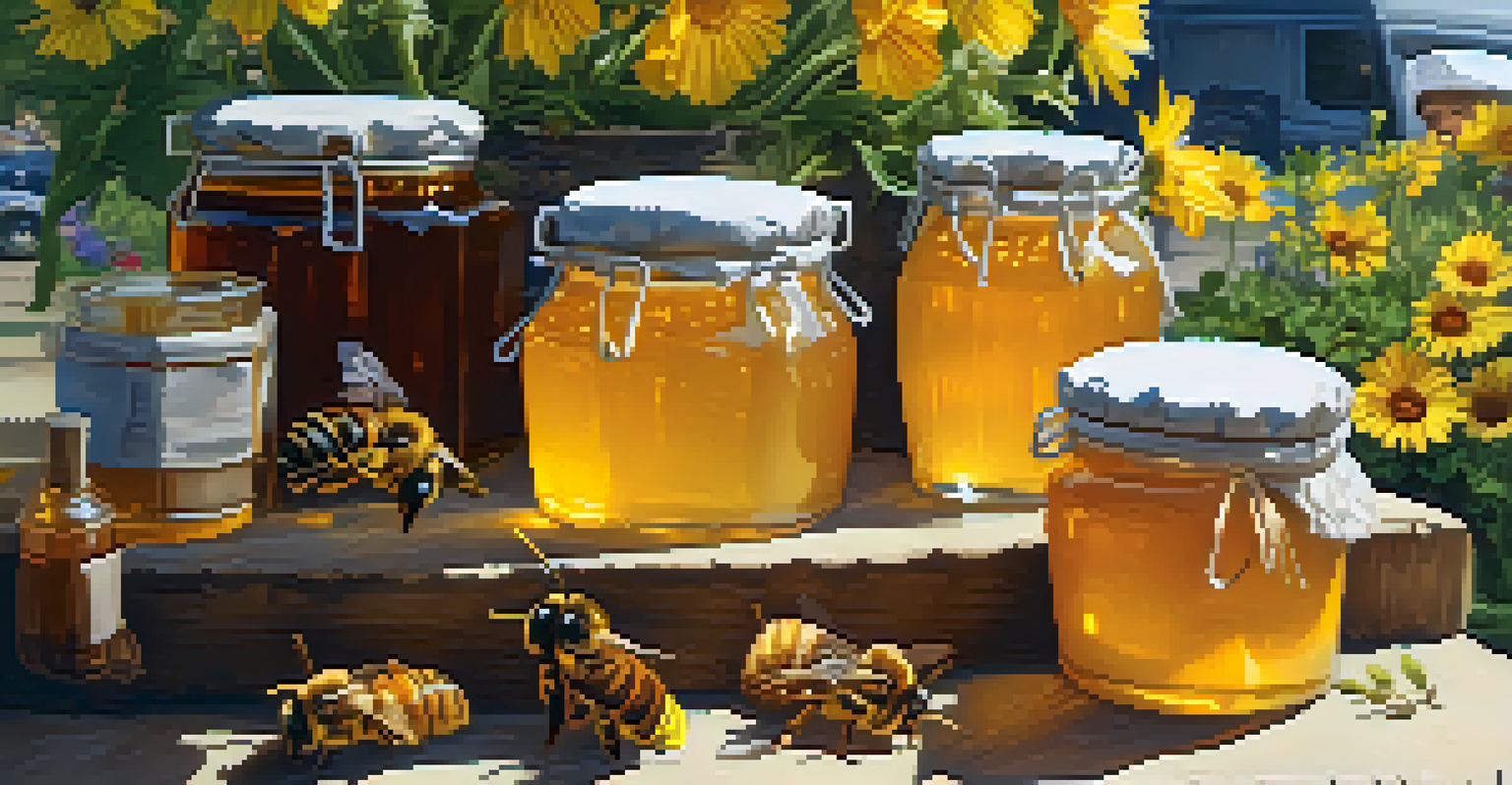 Local beekeepers at a farmers' market presenting jars of honey, with wildflowers in the background, engaging with customers.