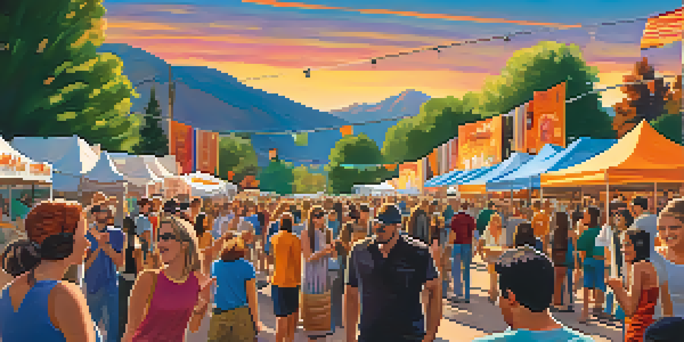 A lively film festival in Boulder with a diverse crowd enjoying outdoor screenings and colorful film banners.
