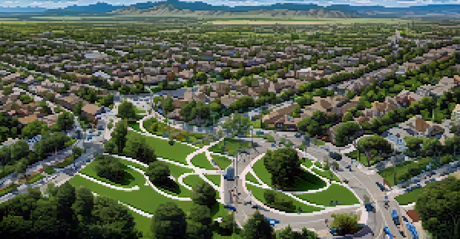 Aerial view of Boulder's bicycle network showing interconnected cycling trails and cyclists in a green urban environment.