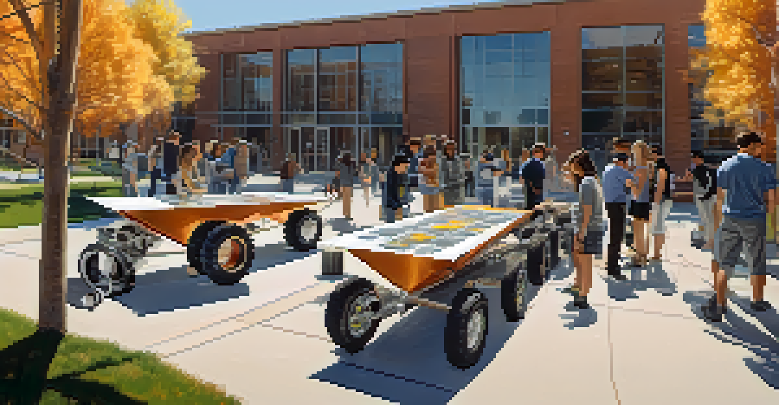 Engineering students collaborating on a solar-powered vehicle prototype outdoors at CU Boulder, with modern university buildings in the background.