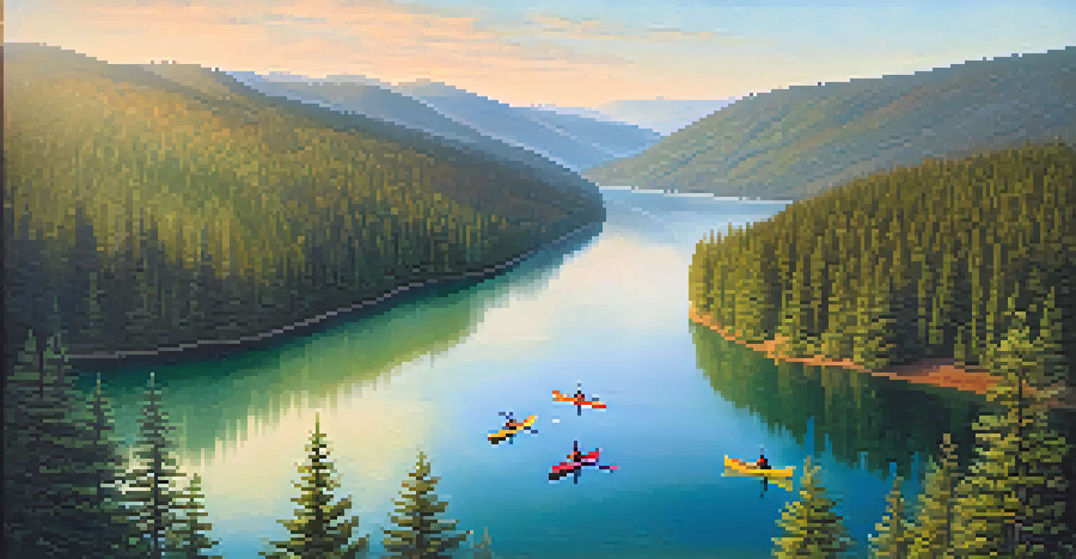 Aerial view of Barker Reservoir with mist and kayakers in the early morning light.