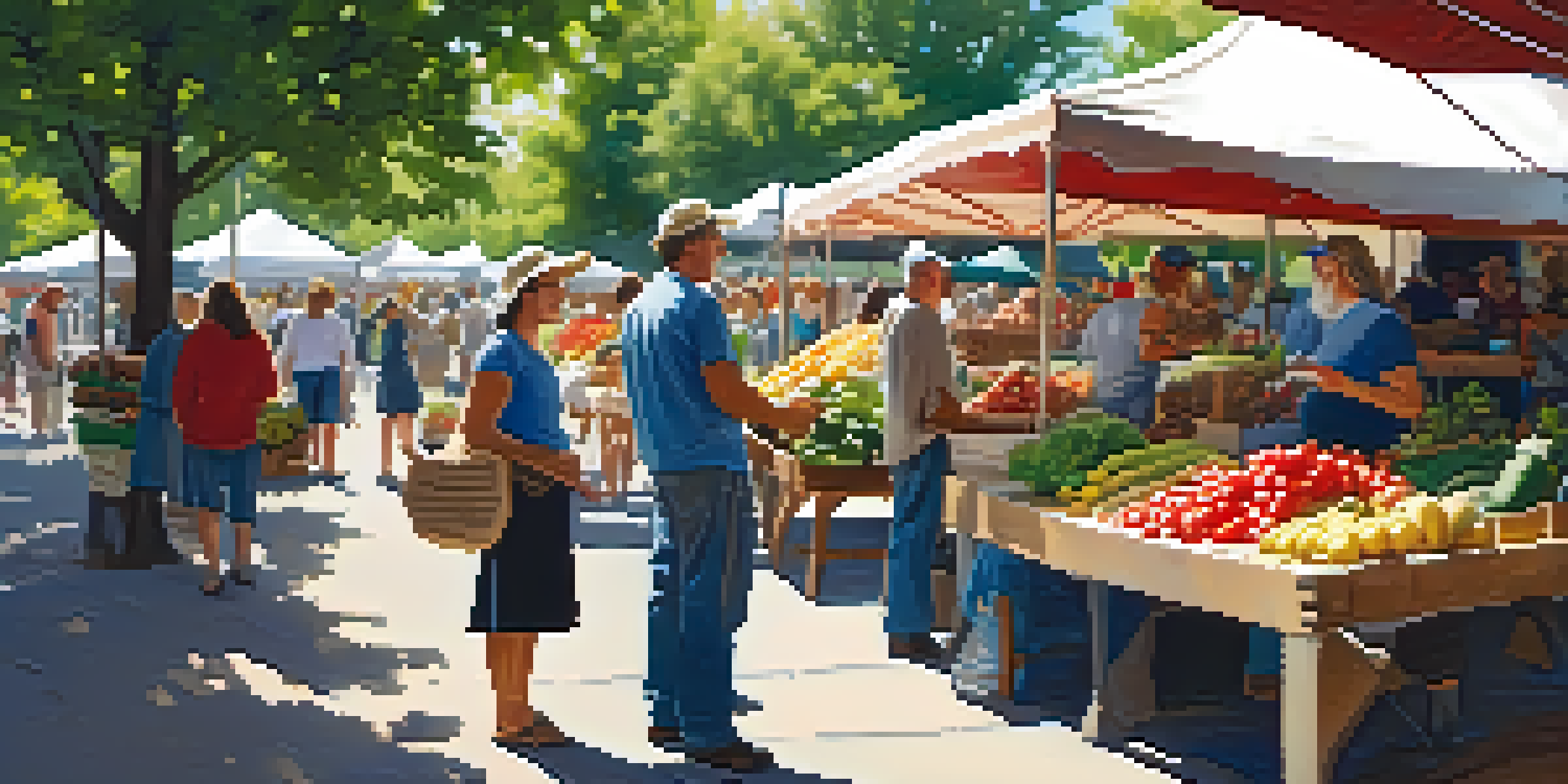 A lively farmers' market in Boulder with stalls of fresh produce, vendors, and shoppers enjoying the atmosphere under sunlight.