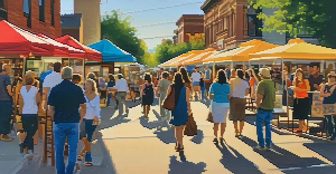 A lively street scene at Boulder’s Art Walk with local artists showcasing their artwork, people interacting and admiring various art pieces under a warm sunset glow.