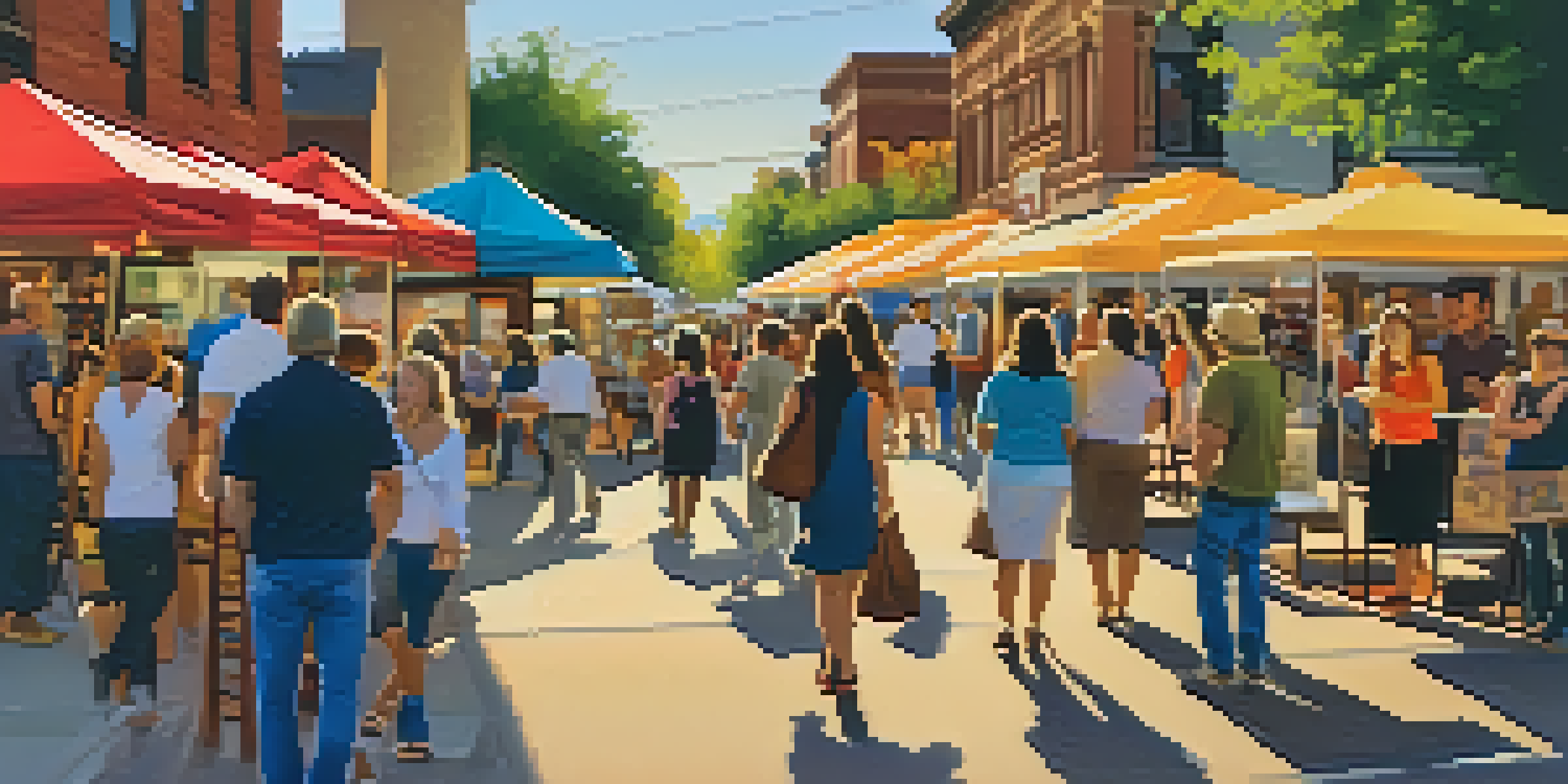 A lively street scene at Boulder’s Art Walk with local artists showcasing their artwork, people interacting and admiring various art pieces under a warm sunset glow.