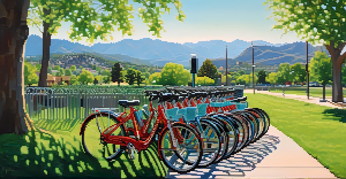 A scenic view of Boulder with a bike-sharing station and colorful bicycles surrounded by green parks and mountains under a blue sky.