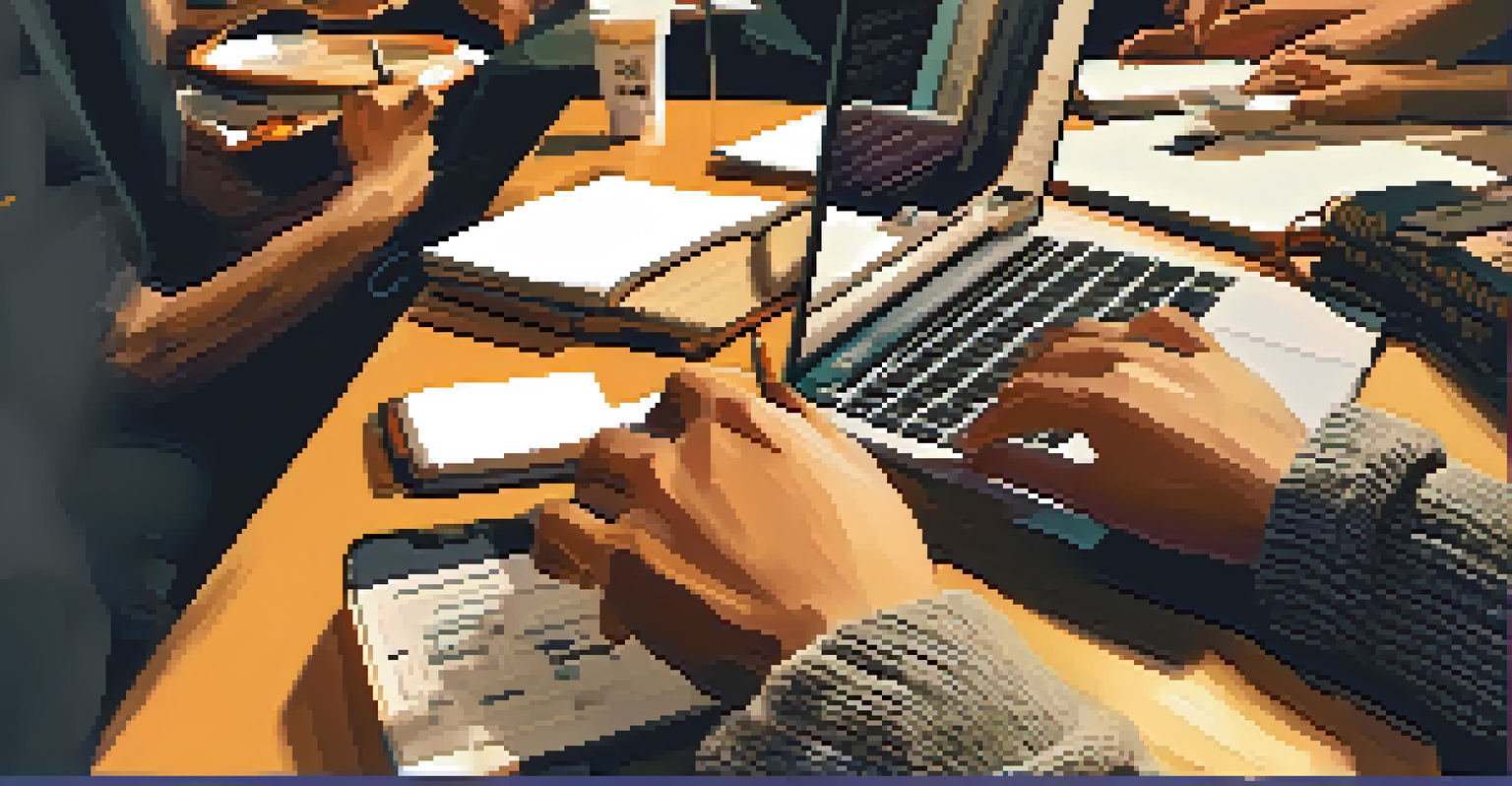 Close-up of hands typing on a laptop during a coding workshop, with a cozy atmosphere created by warm lighting and cluttered workspace.