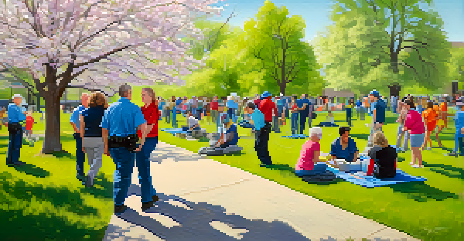 A diverse group of residents practicing emergency response drills in a park during springtime, surrounded by blooming flowers.