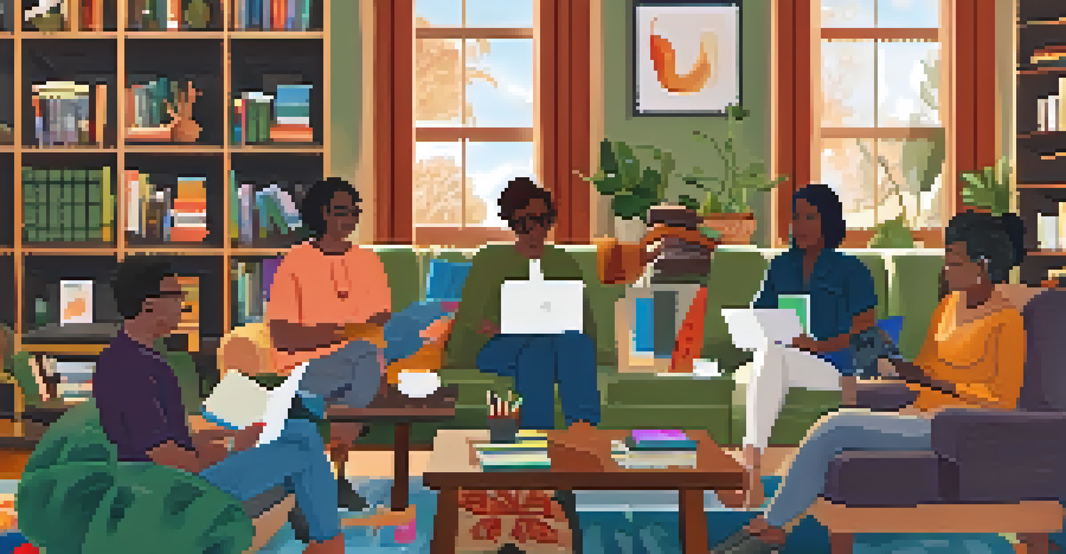 A virtual book club meeting with diverse participants on a video call, each in their home setting surrounded by books.
