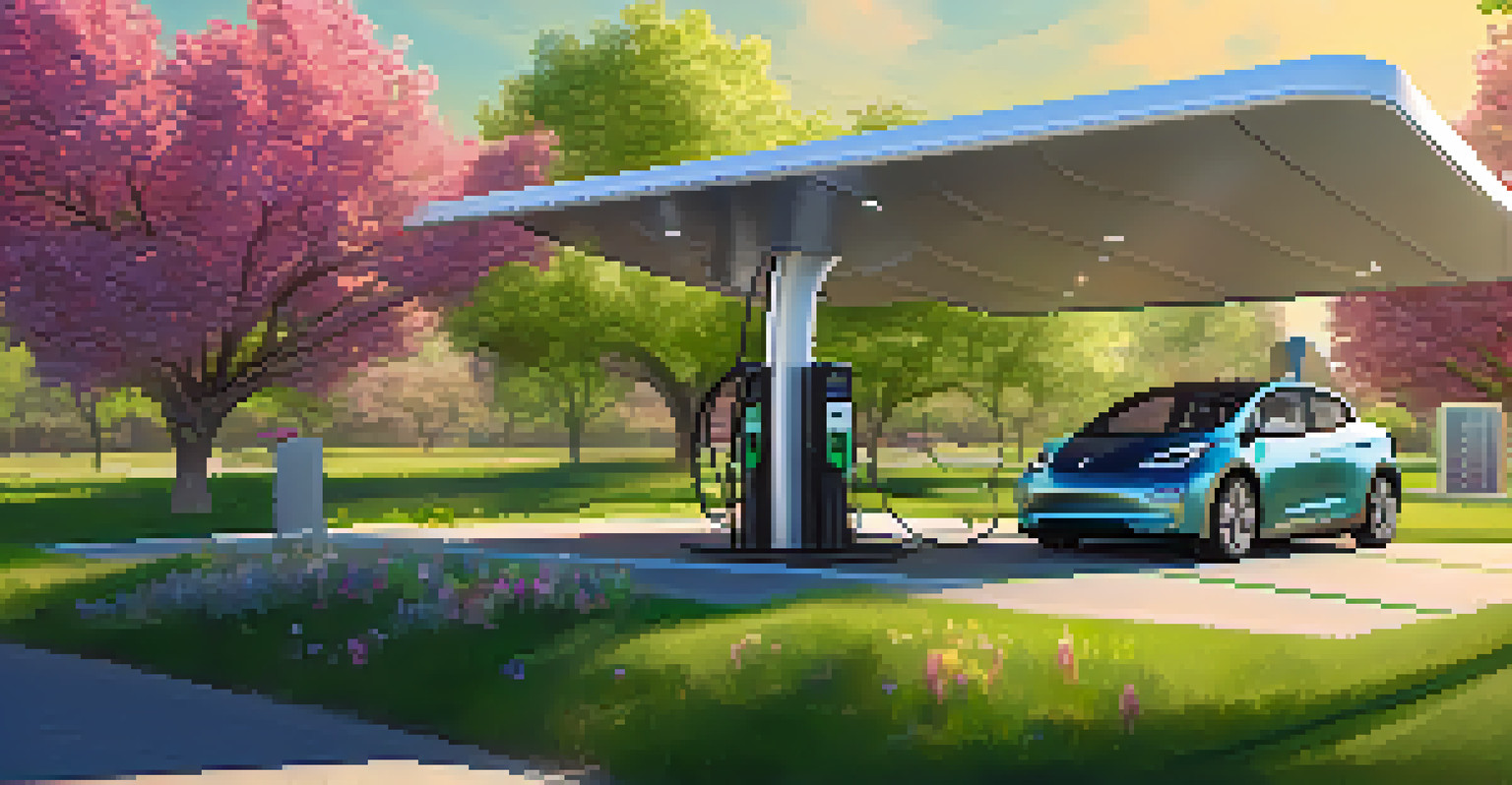 An electric vehicle charging station in Boulder, surrounded by green plants and solar panels, promoting sustainability.