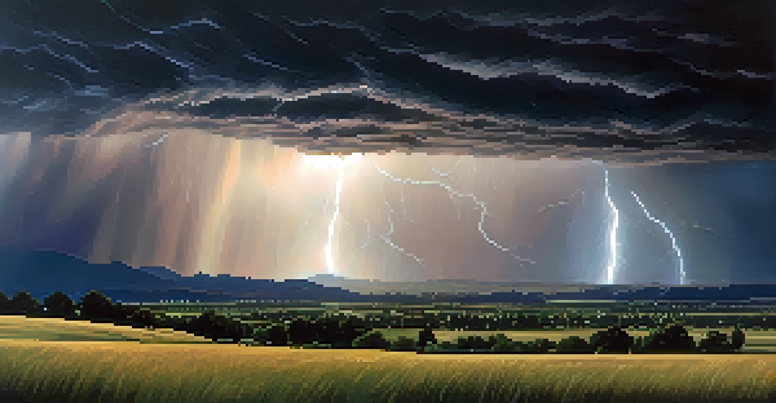 An approaching summer thunderstorm over Boulder, Colorado, with dark clouds and flashes of lightning, and the Great Plains visible in the foreground.