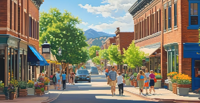 A warm, sunny street in Boulder's Historic Preservation District with historic buildings, flowers in window boxes, and people walking.