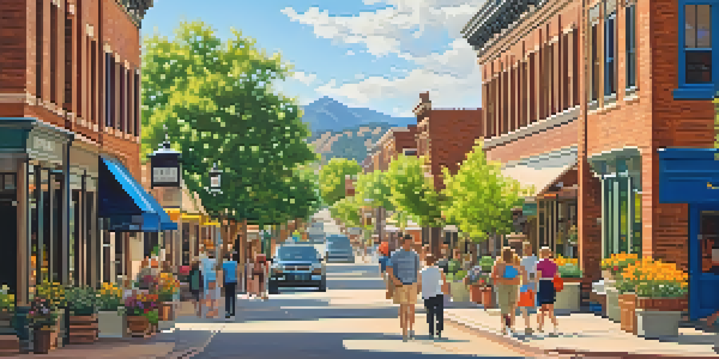 A warm, sunny street in Boulder's Historic Preservation District with historic buildings, flowers in window boxes, and people walking.