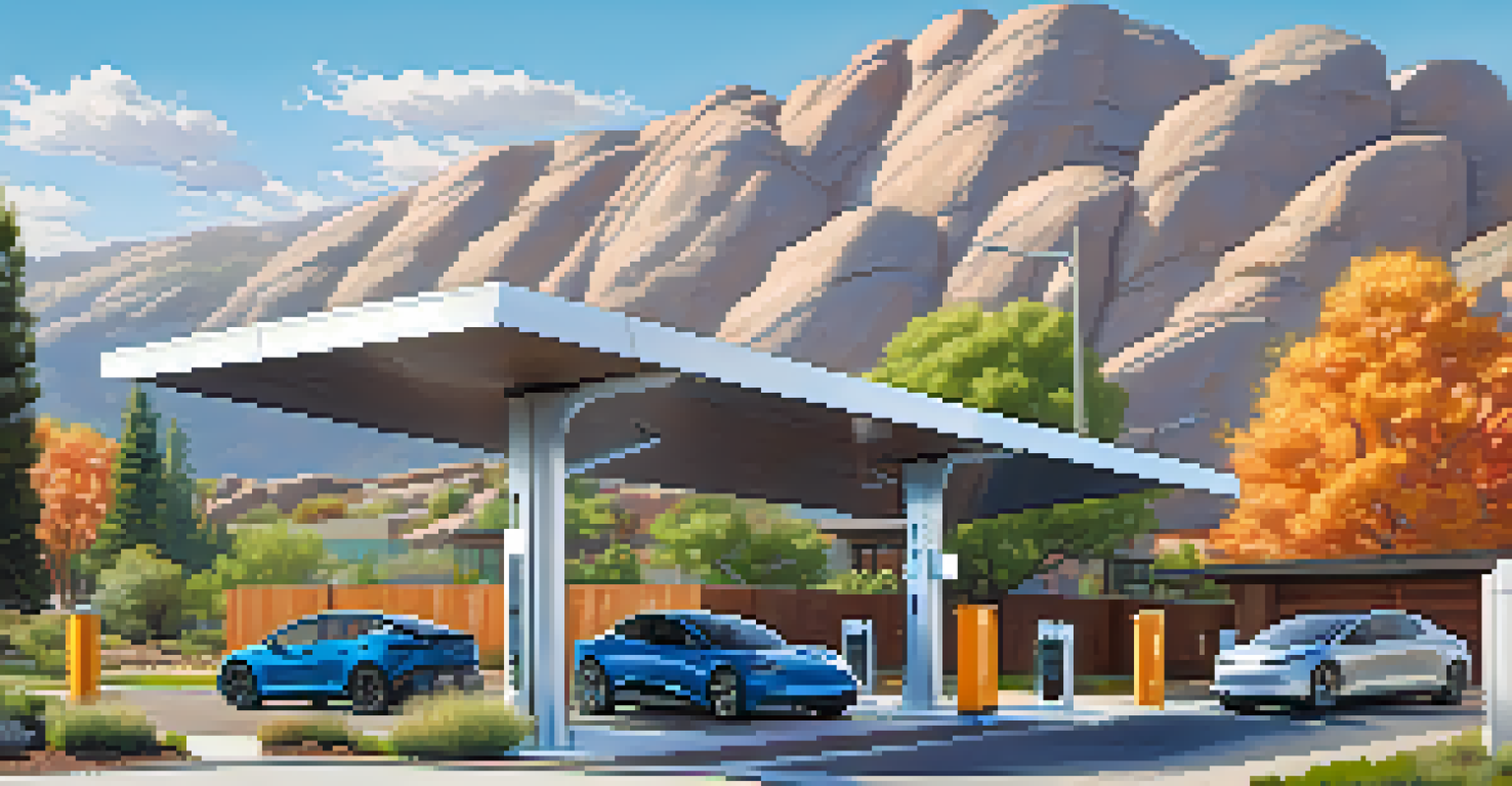 An electric vehicle charging station in Boulder with solar panels and the Rocky Mountains in the background on a sunny day.