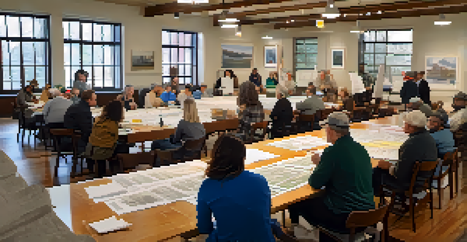 A community workshop on historic preservation with participants discussing restoration projects.
