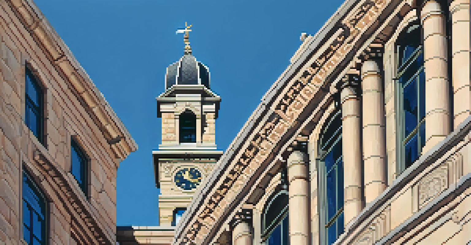 A detailed view of the stone facade of the Boulder County Courthouse, showcasing its architectural details and clock tower against a blue sky.