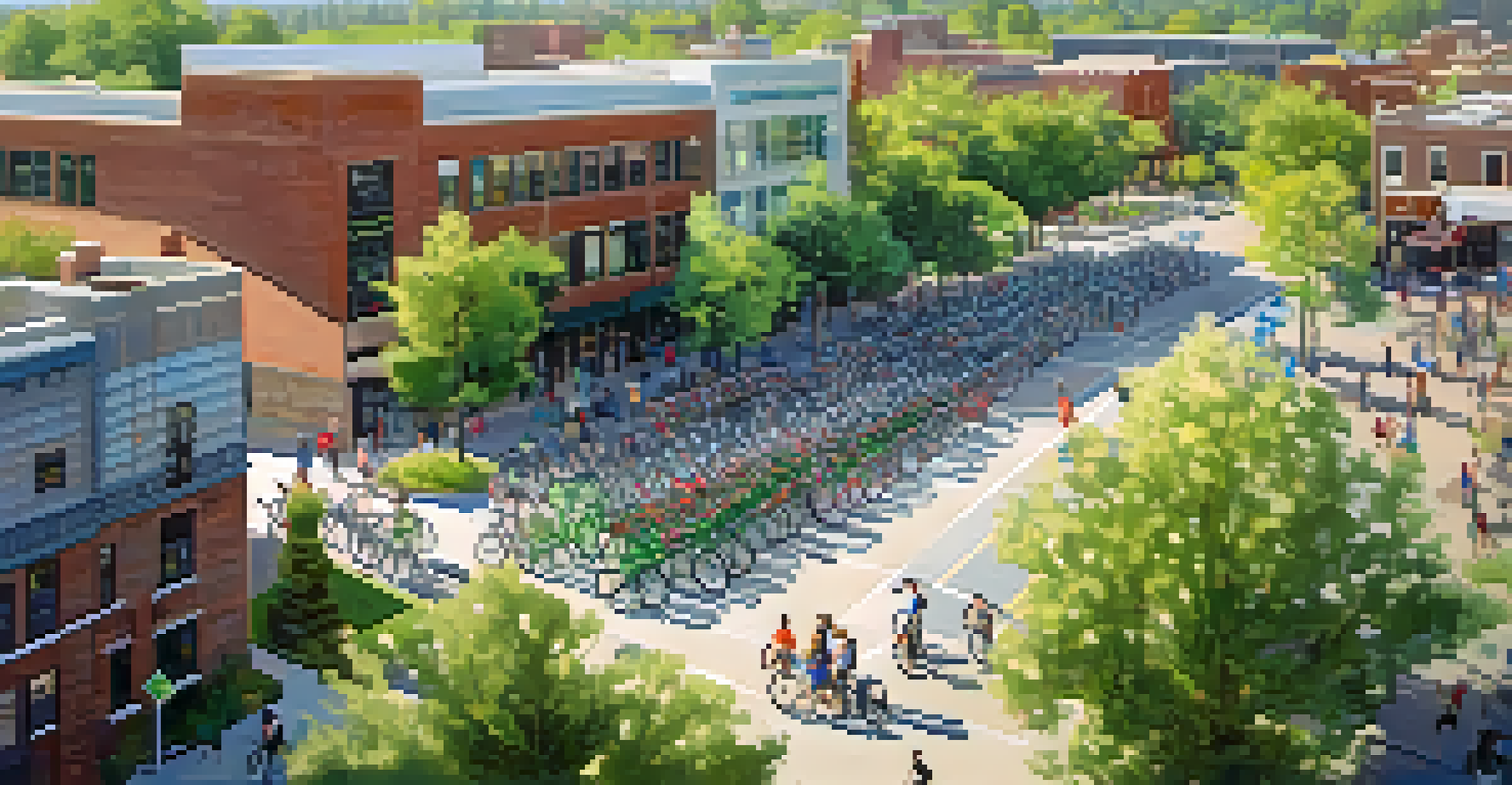 An aerial view of a busy bike-sharing hub in Boulder, featuring numerous bike stations and people commuting amidst urban greenery.