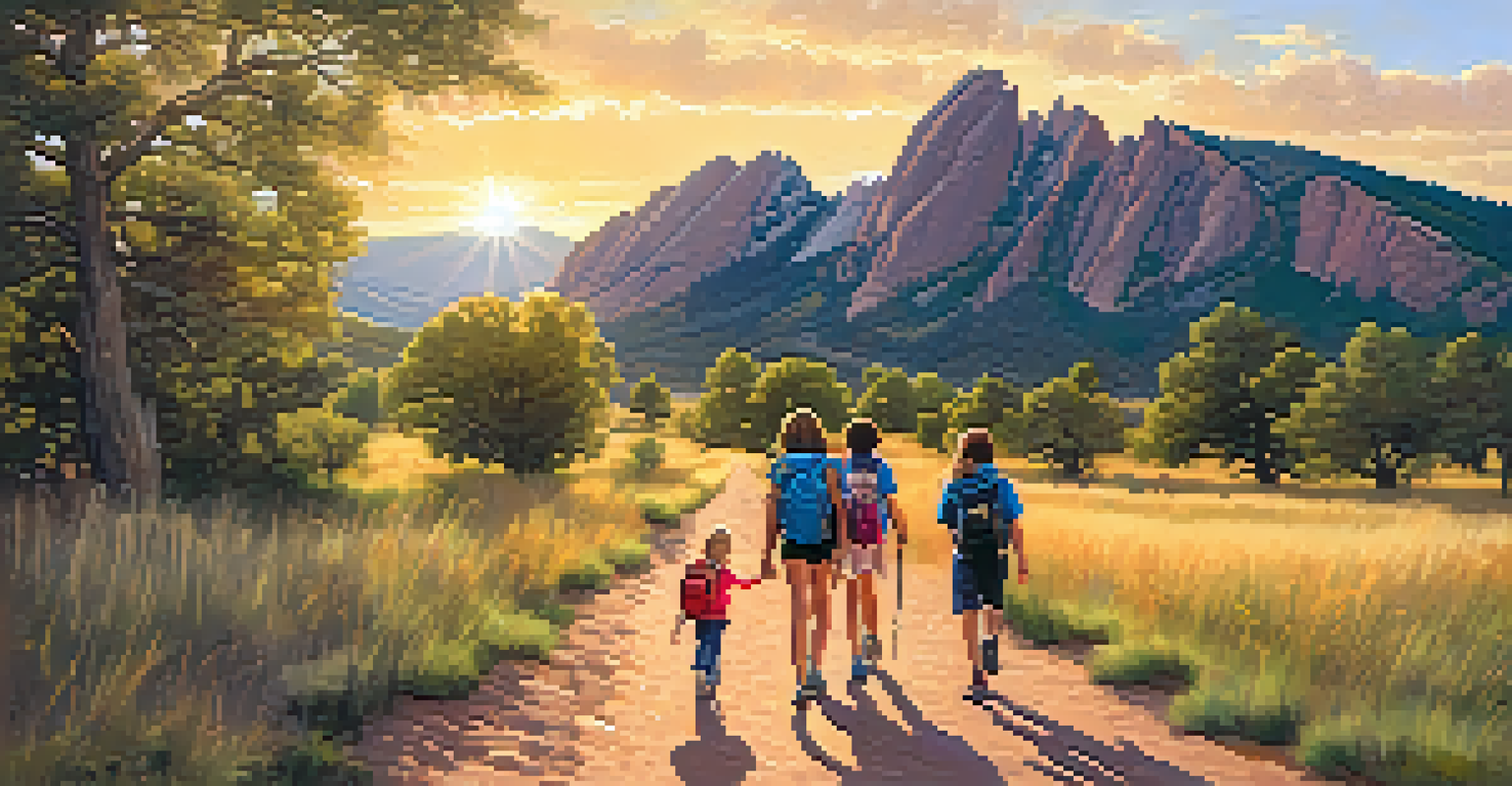 A family hiking on a flat trail with scenic mountains in the background during sunset.