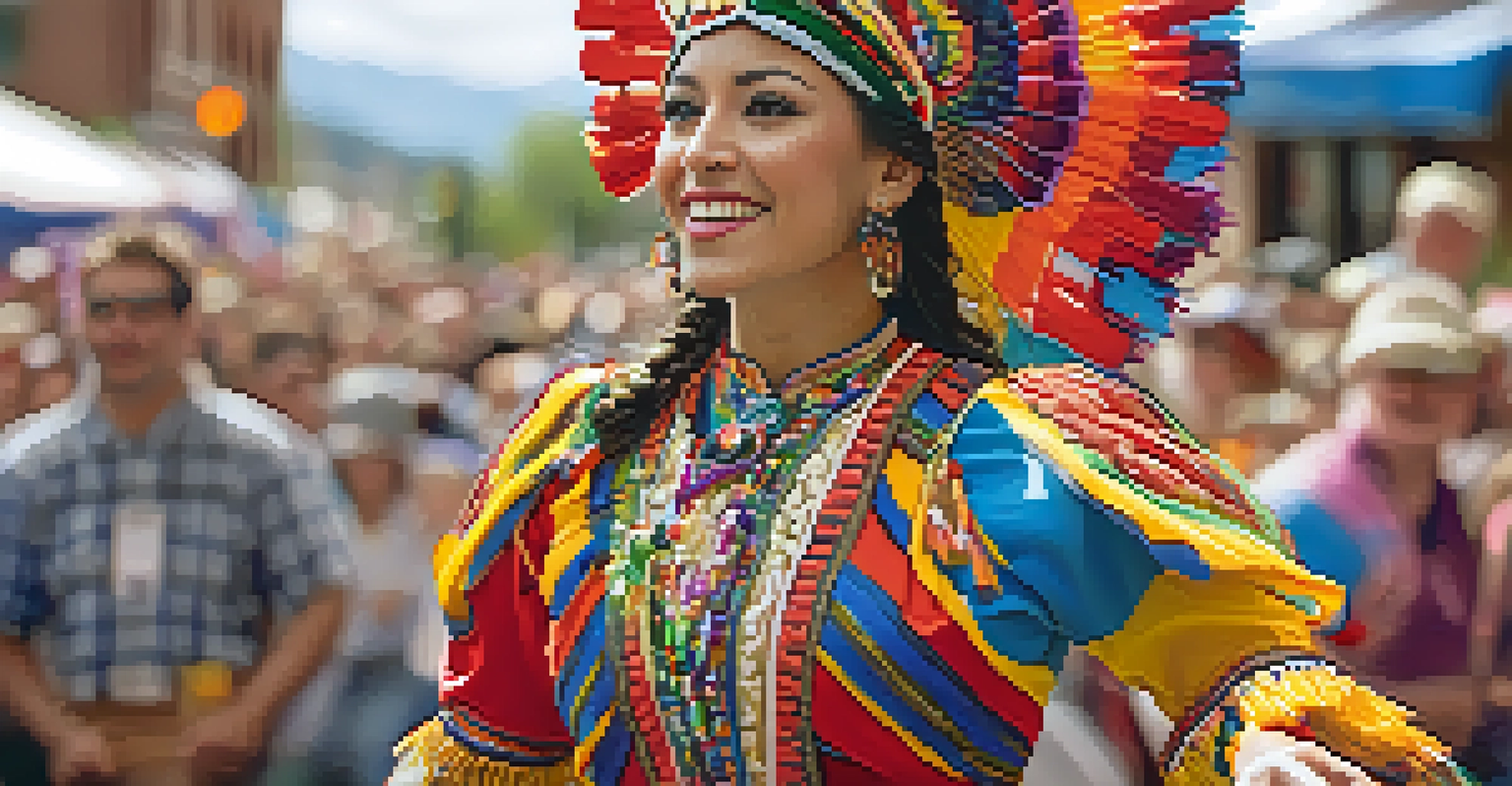 A dancer in a colorful traditional costume performing at a cultural parade, with a blurred festive crowd in the background.