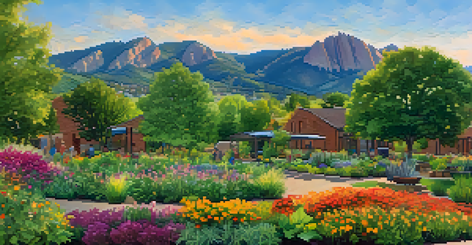 A wide view of Boulder, Colorado with the Flatirons mountains in the background, featuring a community garden with colorful flowers and vegetables in the foreground under golden hour light.