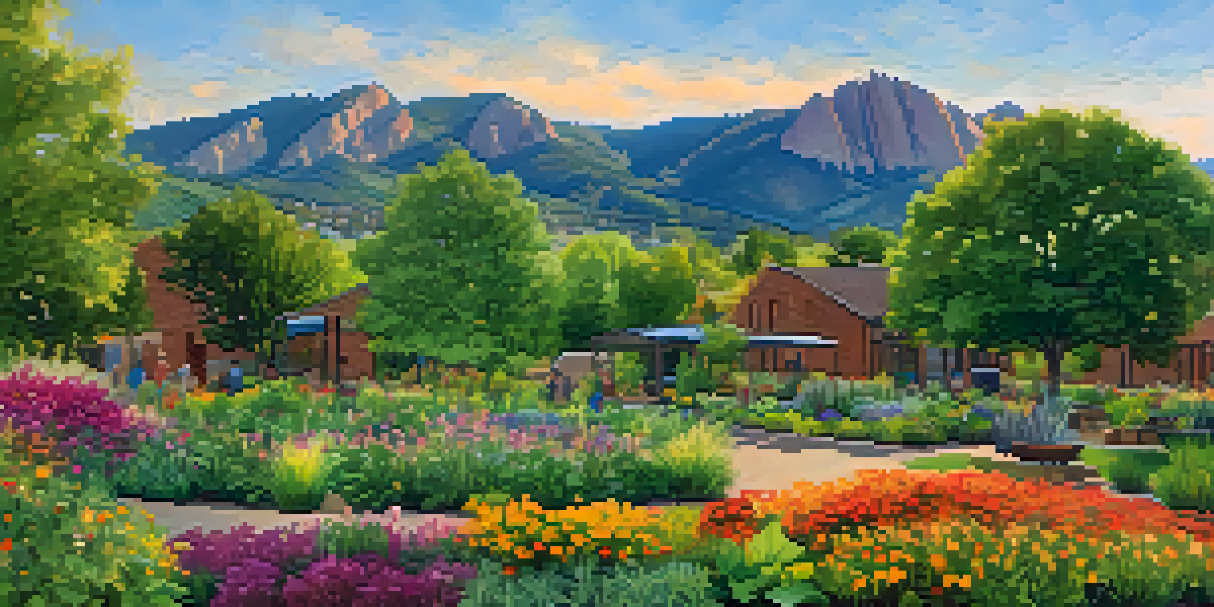 A wide view of Boulder, Colorado with the Flatirons mountains in the background, featuring a community garden with colorful flowers and vegetables in the foreground under golden hour light.