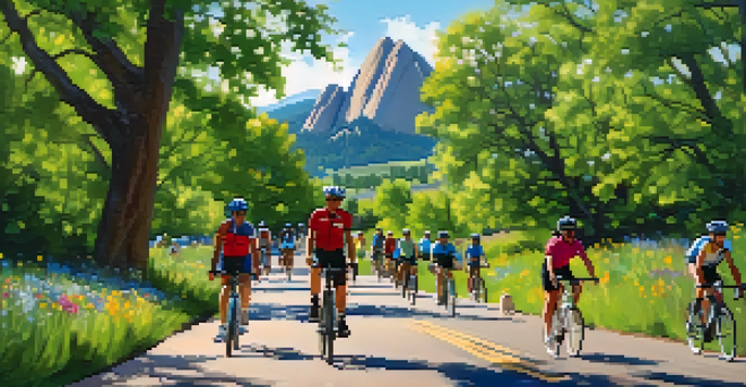 A picturesque landscape of Boulder, Colorado, showcasing the Flatirons with cyclists enjoying a ride along Boulder Creek, surrounded by nature.